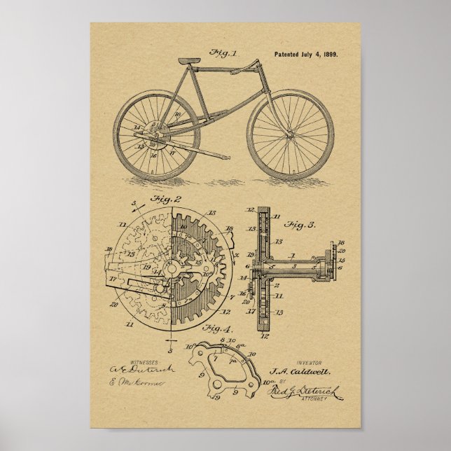 1899 Förstorad utskrift av cykelpatent Poster (Framsidan)