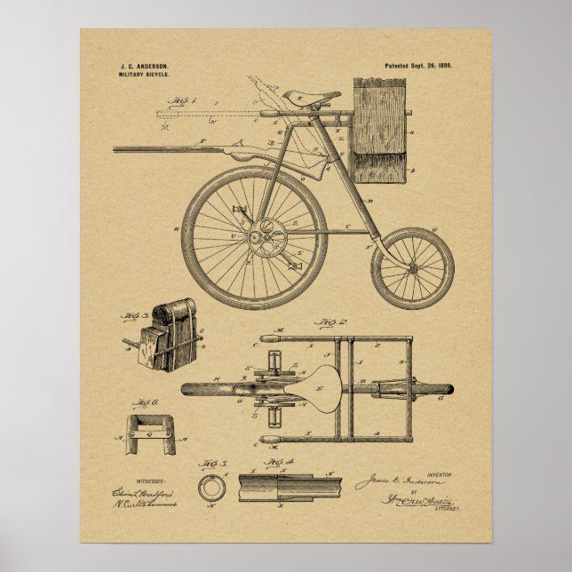 1899 Militär cykelpatent Art Teckning Skriv ut Poster (Framsidan)