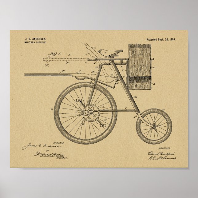 1899 Militär cykelpatent Art Teckning Skriv ut Poster (Framsidan)