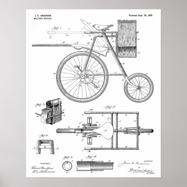 1899 Militär cykelpatent Art Teckning Skriv ut Poster (Framsidan)