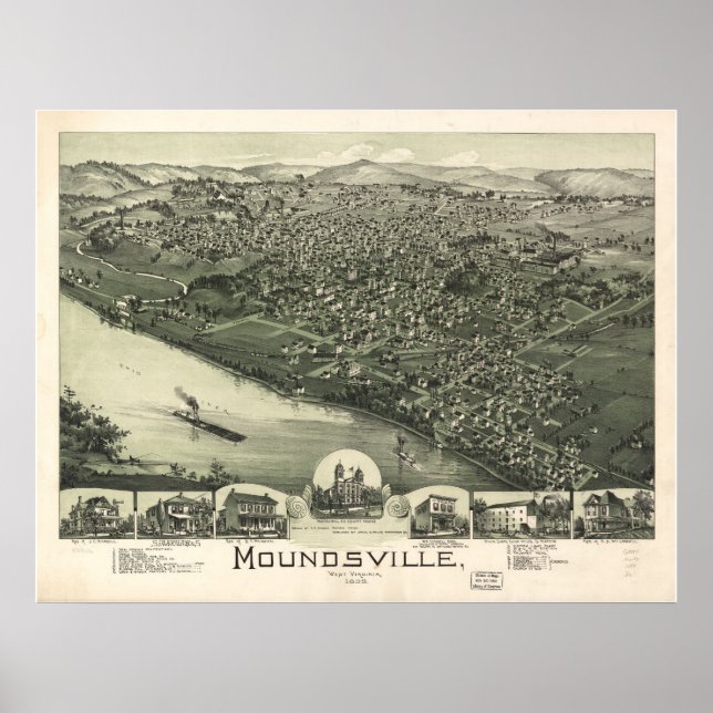 1899 Moundsville, WV Birds Öga View Panoramic Kart Poster (Framsidan)