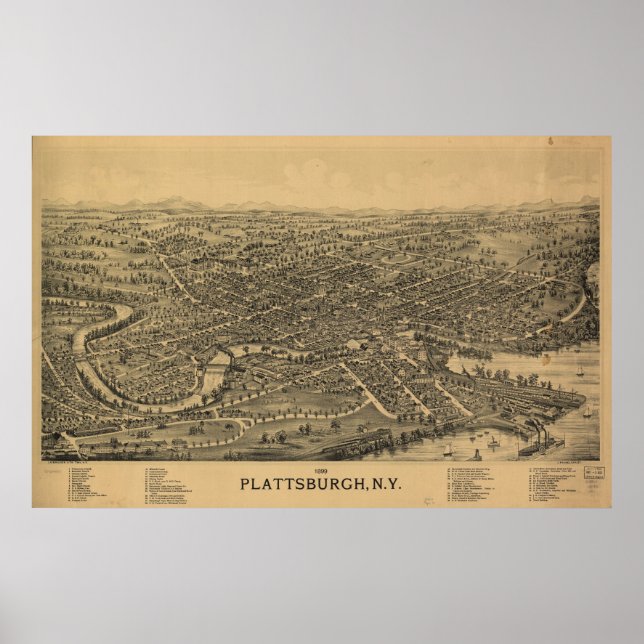 1899 Plattsburgh, NY Birds Öga View Panoramic Kart Poster (Framsidan)