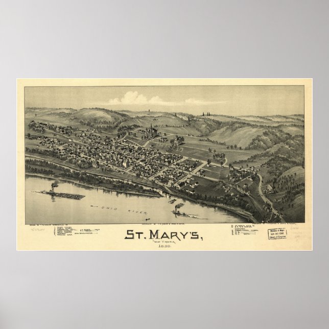 1899 St. Mary's, WV Bird's Öga View Panoramic Kart Poster (Framsidan)