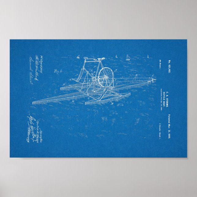 1899 Vintage Bicycle Boat Patent-utskrift Poster (Framsidan)