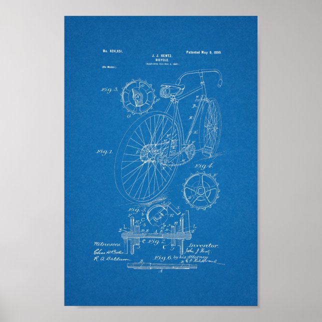 1899 Vintage Bicycle Patent Print Blueprint Art Poster (Framsidan)