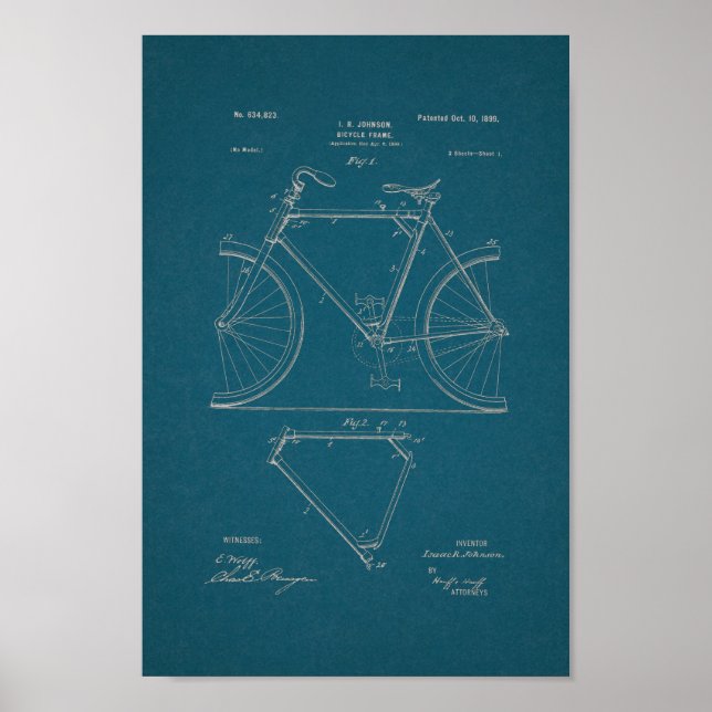 1899 Vintage Bicycle Patent Print Blueprint Art Poster (Framsidan)