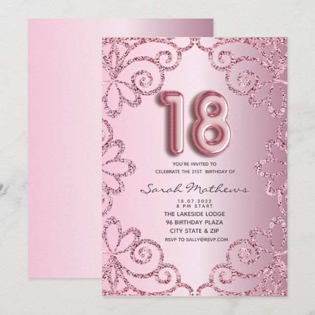 18-års födelsedags rosaglänsande glitterprinsessa  inbjudningar (Fram/baksida)