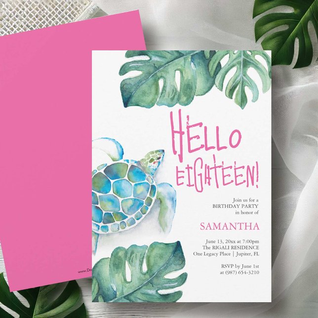 18-års inbjudningskort Vattenfärg Havssköldpadda (18th birthday party invitations watercolor sea turtle & palm leaf Victoria Grigaliunas DoTellABelle)
