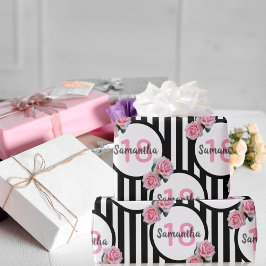 18-årsdag chic rosa ros svartvit rand presentpapper