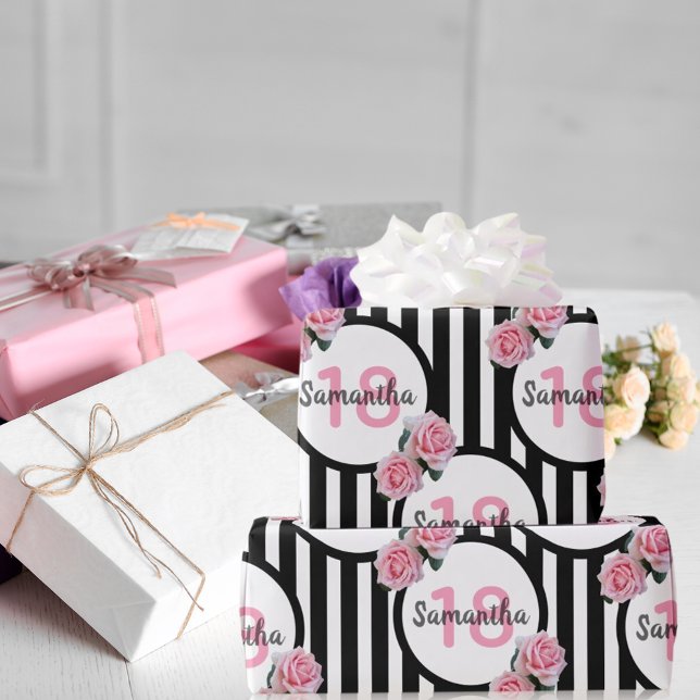 18-årsdag chic rosa ros svartvit rand presentpapper (Skapare uppladdad)