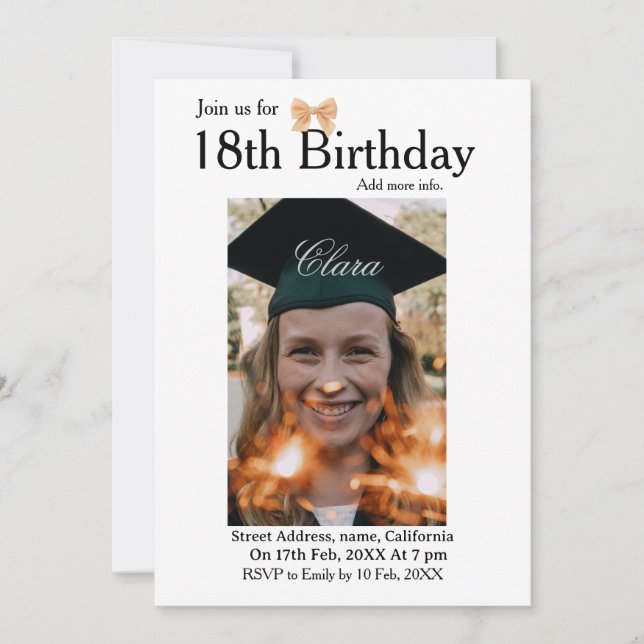 18-årsdag enkel minimal båge vit foto namn inbjudningar (Framsida)