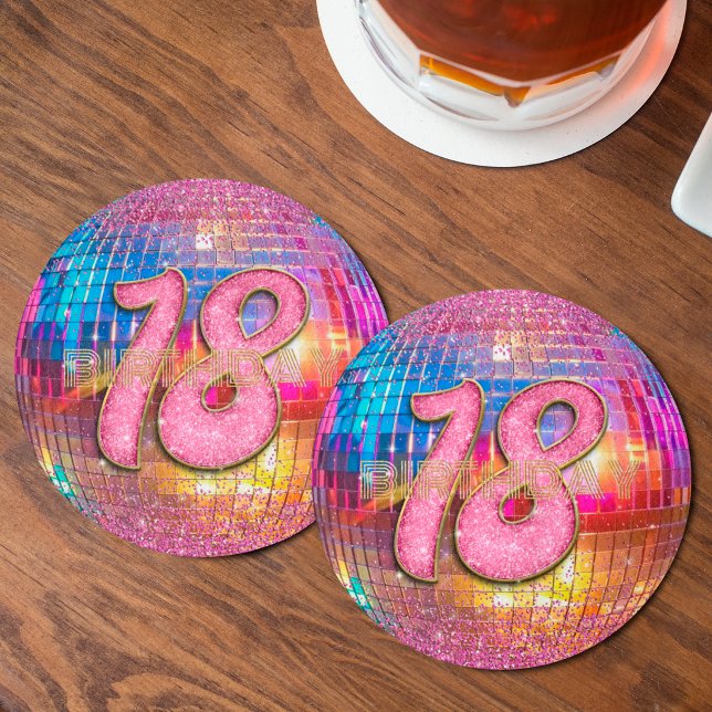 18-årsdag Guld Rosa Glitter Dans Disco Boll Underlägg Papper Rund (Skapare uppladdad)
