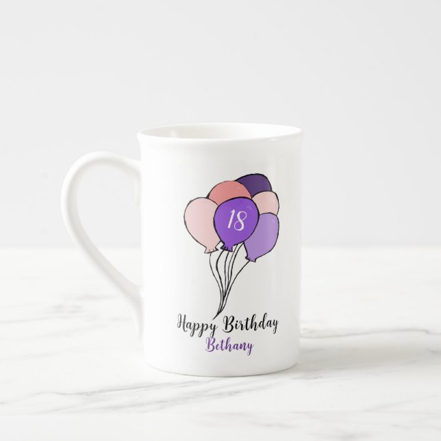 18-årsdag lila och rosa ballonger benporslin mugg (Vänster)