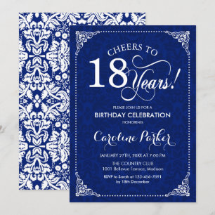 18-årsdag - Navy Vit Damask Inbjudningar