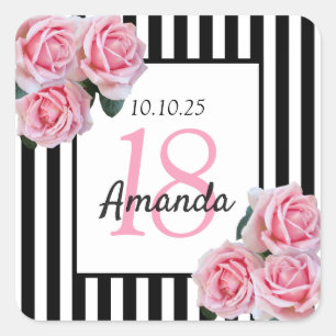 18-årsdag rosa blommigtar på svartvit rand fyrkantigt klistermärke