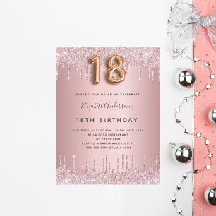 18-årsdag rosa dammig ros glittrande rosa lyx inbjudan vykort