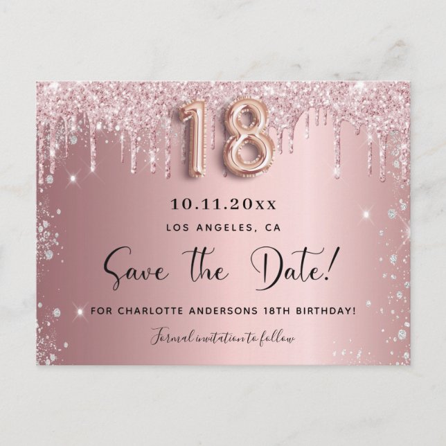 18-årsdag rosenskära silver save the date meddelande vykort (Framsida)