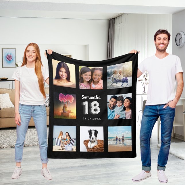 18-årsdag svart fotokollage i silver namn fleecefilt (Skapare uppladdad)