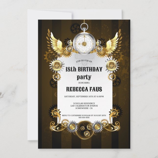 18-årsdag Svart Guld Steampunk Klocka Kugghjul Inbjudningar (Framsida)