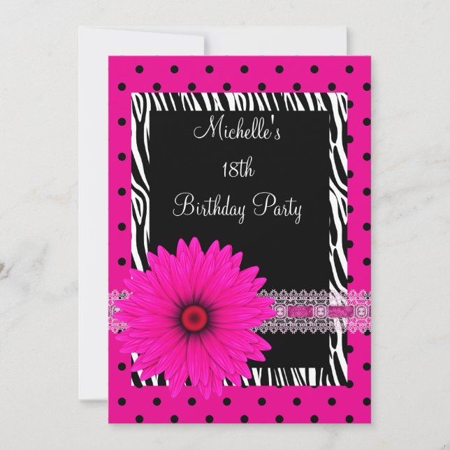 18-årsdag Svart Vit Zebra Rosa Blomma Inbjudningar (Framsida)