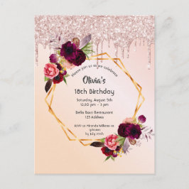 18-årsdagen blommigt ro guld glitter inbjudan