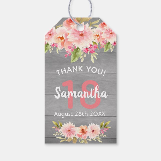 18-årsdagen för korallblommor grått tack presentetikett (Framsidan)