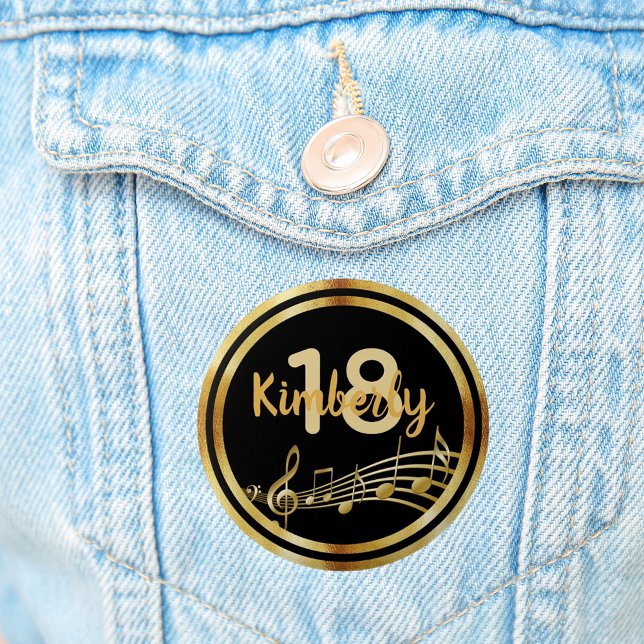 18-årsdagen guld musik noter på snyggt svart knapp (Skapare uppladdad)