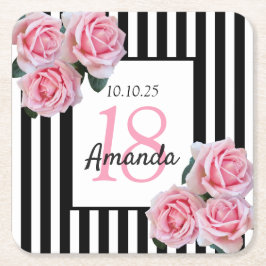 18-årsdagen rosa blommigt svart vitt rand underlägg papper kvadrat