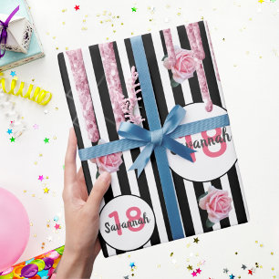 18-årsdagen rosa glitter svartvit rand presentpapper