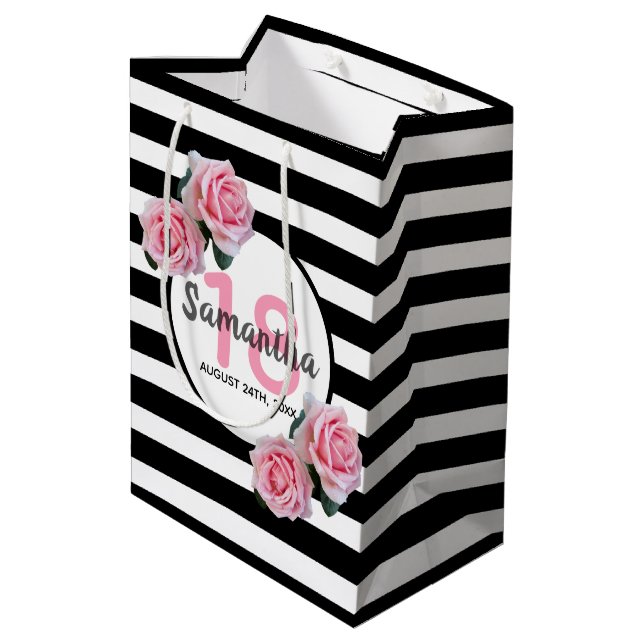 18-årsdagen rosa ros svartvit rand (Baksidan Vinklad)