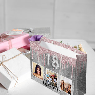 18-årsdagen silver rosa glitter droppar foto namn