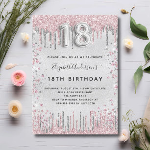 18-årsdagen silver rosa glitter stoft från metall inbjudningar