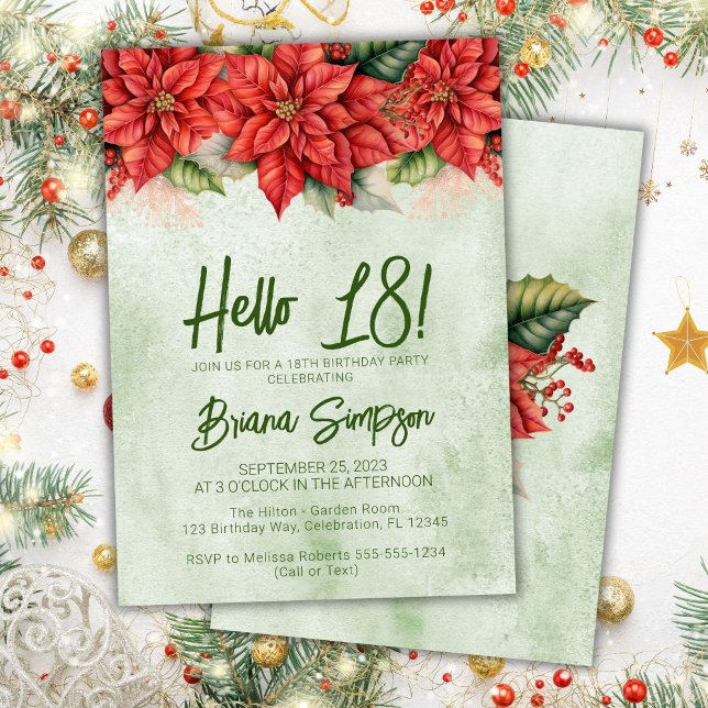 18-årsfest Jul Poinsettia Blommig Inbjudningar (Skapare uppladdad)