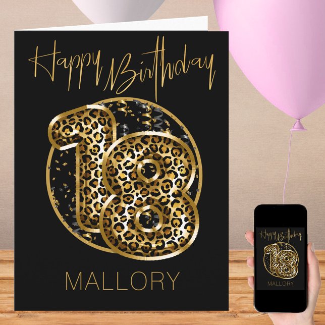 18-årspresent leopardtryck guld folie ballonger kort (18th Birthday Card with leopard print number 18)