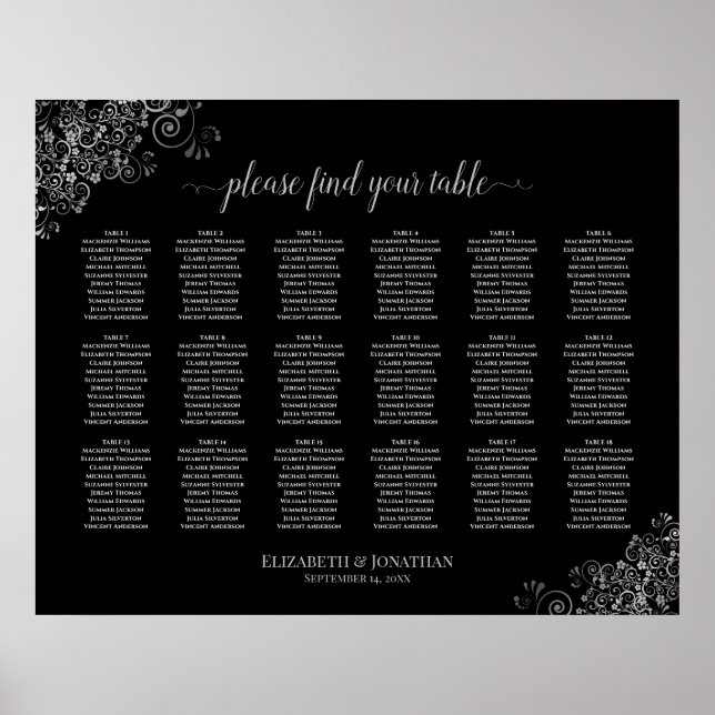 18 Bord Bröllop, sätesdiagram, Silver, svart Poster (Framsidan)