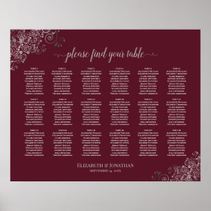 18 Bord Bröllop-sittplatsplan Silver på Burgundy Poster