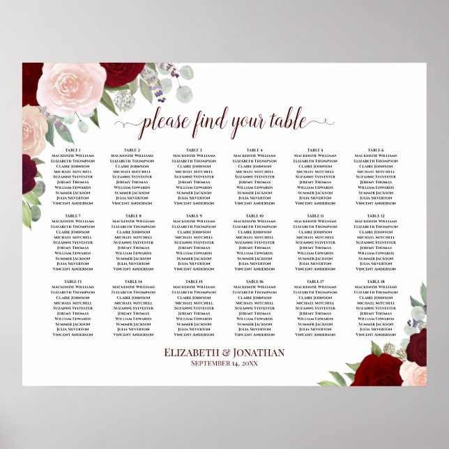 18 Bord Burgundy Red & Rosa ros Seatdiagram Poster (Framsidan)