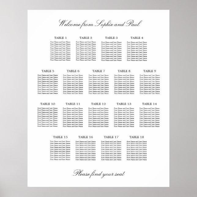 18 Bord Elegant Minimalistisk Placeringsplan Poster (Framsidan)