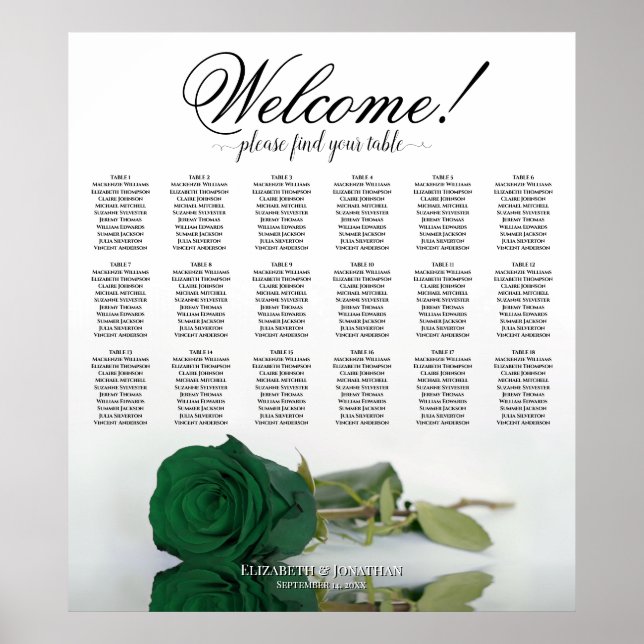 18 Bord Elegant Smaragdgrön Ros Sittplatskarta Poster (Framsidan)