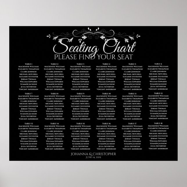 18 Bord Elegant svart sittplatsplan för Bröllop Poster (Framsidan)