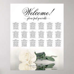 18 Bord Elegant Vit Ros Bröllops Sittplatskarta Poster