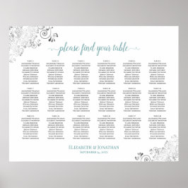 18 Bord frilly White Bröllop Seating Chart Teal Poster