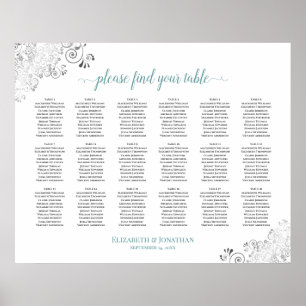 18 Bord frilly White Bröllop Seating Chart Teal Poster