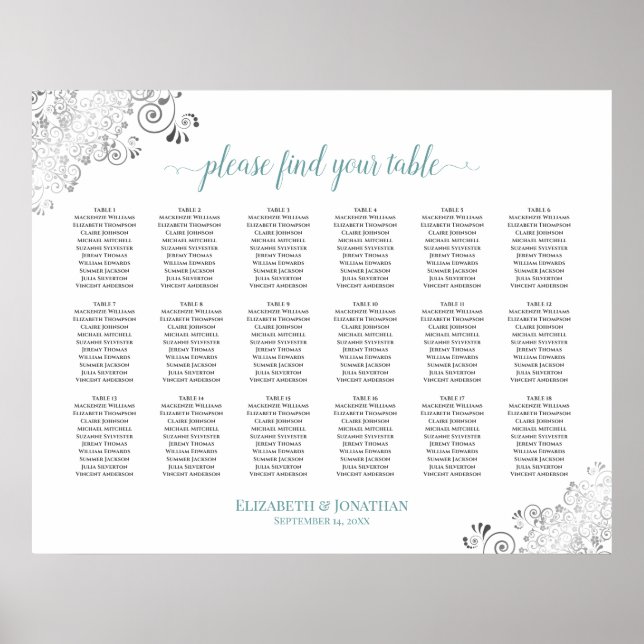 18 Bord frilly White Bröllop Seating Chart Teal Poster (Framsidan)