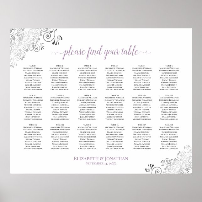 18 Bord Lacy White Bröllop Seating Chart Lavender Poster (Framsidan)