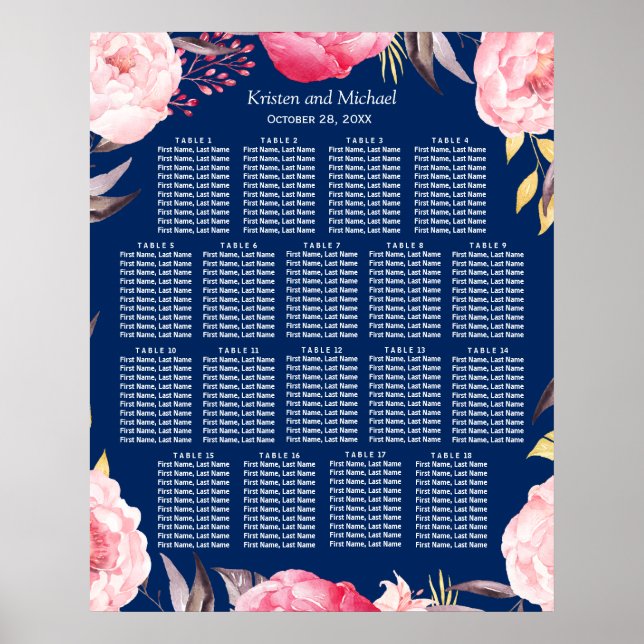 18 Bord Rosa Blommigt sätesdiagram över säten i ut Poster (Framsidan)