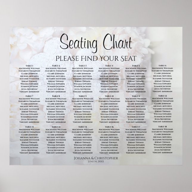 18 Bord White Hearts Peony Bröllop Seating Chart Poster (Framsidan)