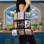 18:e födelsedag anpassningsbar fotokollage Flicka  Tygkasse<br><div class="desc">En unik gåva till en flickas artonde födelsedag,  som firar hennes liv med en kollage av åtta egna foton,  bilder. Anpassa och lägg till hennes namn,  18 år och ett datum. Chicens svarta bakgrund. Grått och vitt brev och nummer. Namn är skrivet med ett modernt handskript i stil.</div>