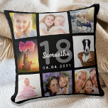 18:e födelsedag, fotokollage, svart flicka kudde<br><div class="desc">En unik gåva till en flickas artonde födelsedag,  som firar hennes liv med en kollage av åtta egna foton,  bilder. Anpassa och lägg till hennes namn,  18 år och ett datum. Chicens svarta bakgrund. Grått och vitt brev och nummer. Namn är skrivet med ett modernt handskript i stil.</div>
