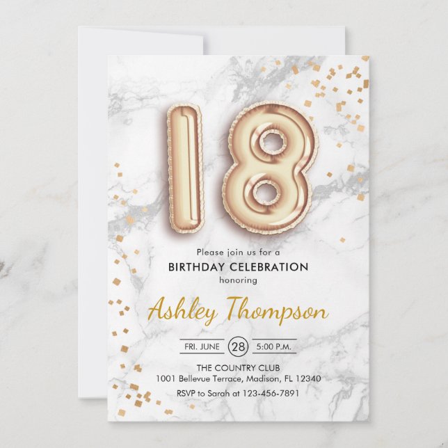 18:e födelsedag - Guld-bubblor, markeffekt Inbjudningar (Framsida)